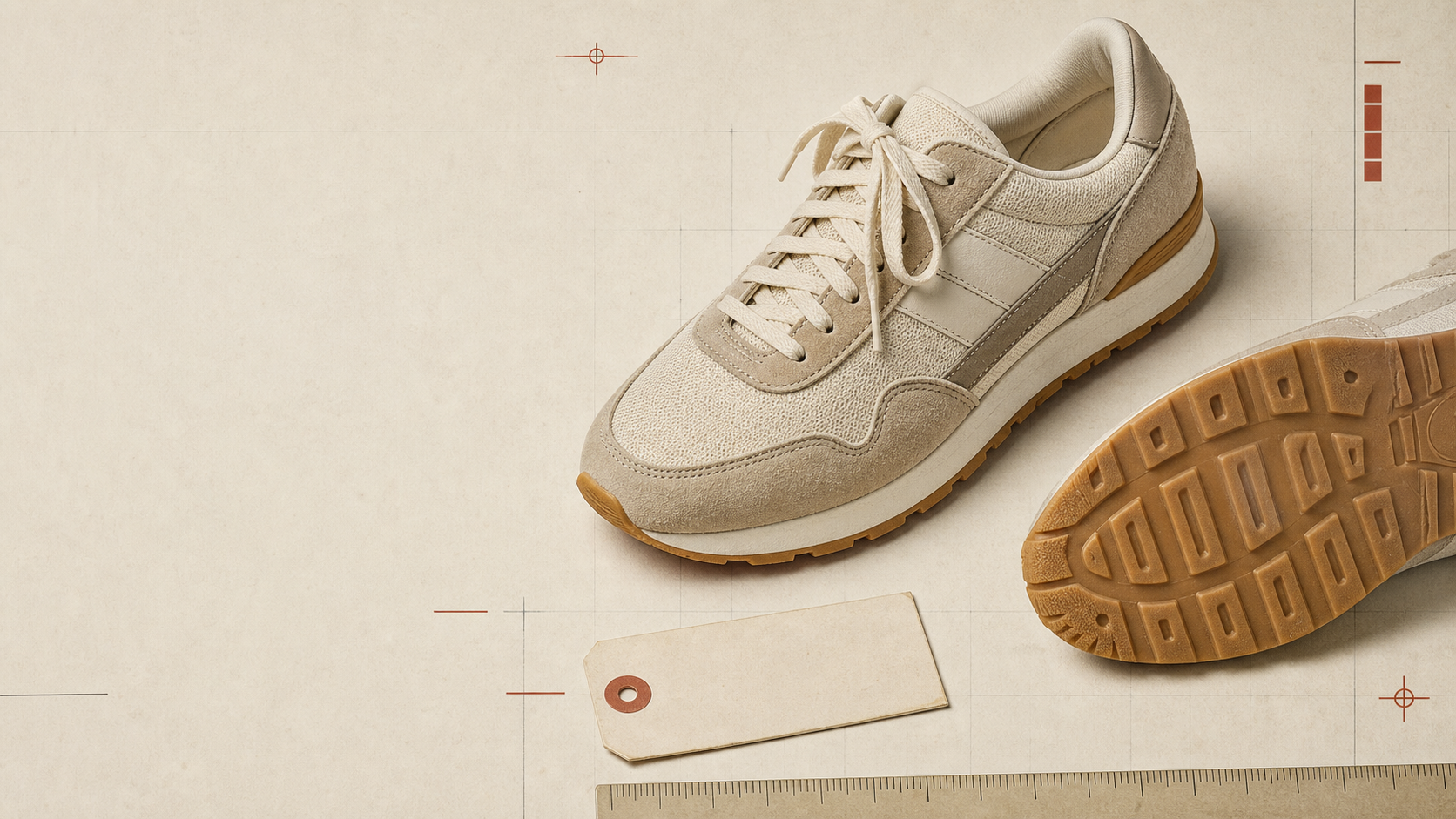Unbranded cream retro sneaker and gum outsole arranged on an archival catalog surface.