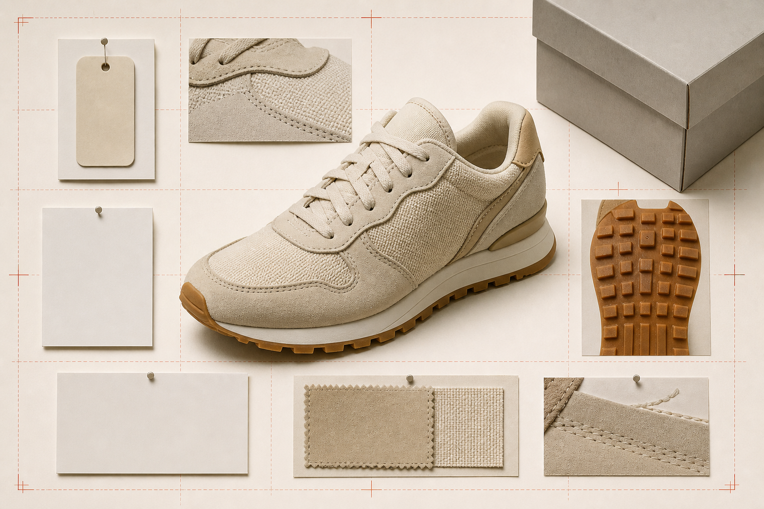 Unbranded retro sneaker surrounded by outsole, material, stitching, label, and shoebox details for release identification.